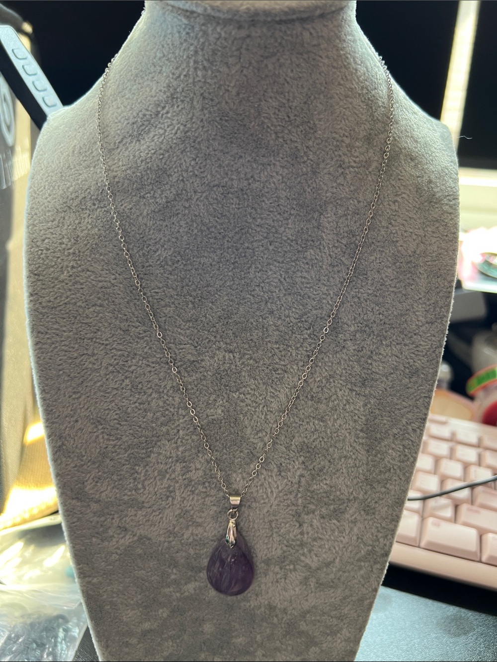 Silver tone Teardrop Necklace with Amethyst  Stone